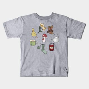 Cottagecore Starter Pack - Cottage Lifestyle Acorns, knitting, jam, duckling, daisy, kettle and enamel camping cup Kids T-Shirt